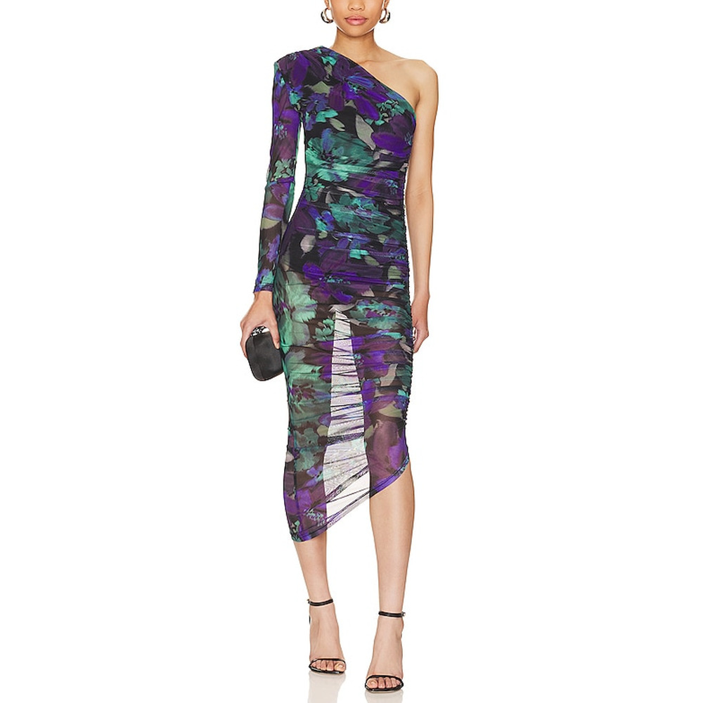 Misha 'Ramona' Blue One Shoulder Quilted Midi Dress Size L